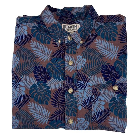Duluth Trading Co Men's Button Down Shirt XL Blue Brown Leaf Pattern Relaxed Fit - Picture 10 of 11